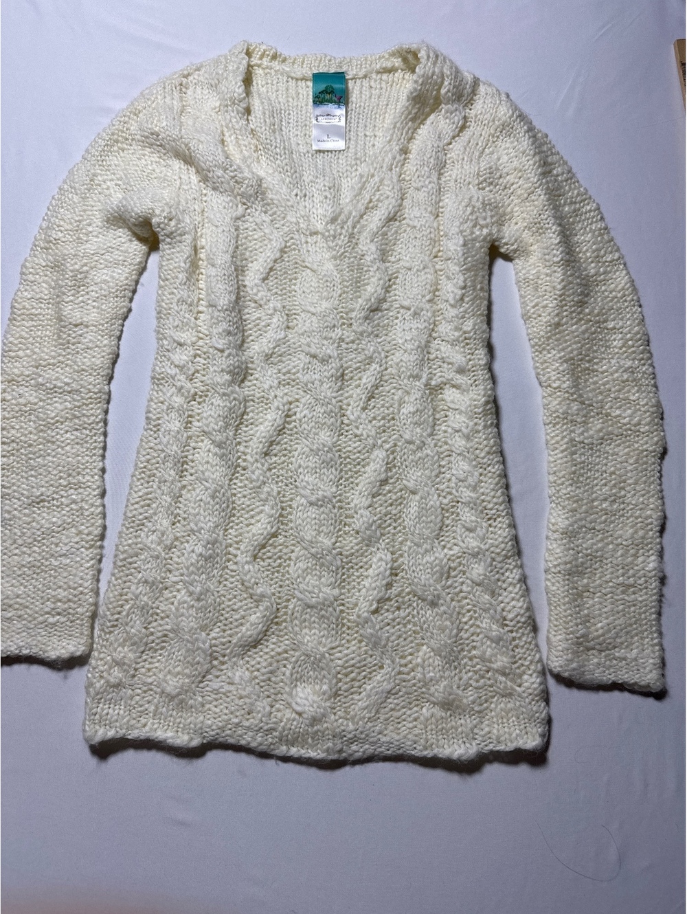 Cozy Cream Cable Knit Sweater - Size L, Wool & Acrylic Blend